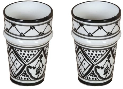 Casa Moro Marokkanische Keramik-Becher Sakina, 2er Set, Schwarz-Weiß, Handbemalte Becher ohne Henkel, Keramikbecher für Tee & Kaffee, Teebecher 8 x 11 cm