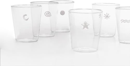 Zafferano Symbols Set 6 Bicchieri Acqua Trasparenti con Simboli Vari