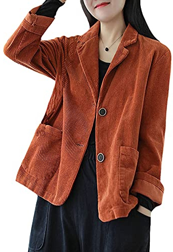 YM YOUMU Blazer vintage simple en velours côtelé avec deux boutons et poches pour femme, marron, X-Large