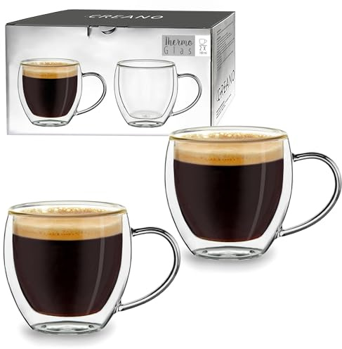 Creano Vasos de Doble Pared „Modelo Alto“ con Asa de Vidrio de Borosilicato Aislantes para Café y Té 400ml – Juego de 6 Vasos