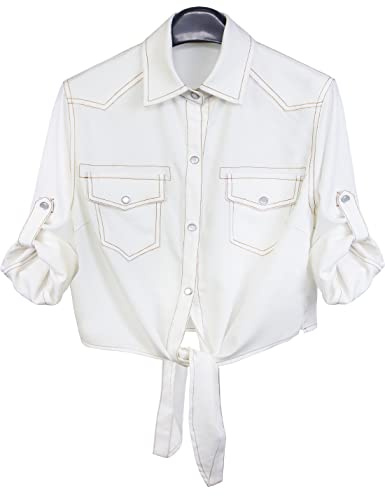AMEBELLE Women's Roll Up 3/4 Sleeve Tie Front Knot Shirt Chambray Denim Crop Top(0088-White-S)