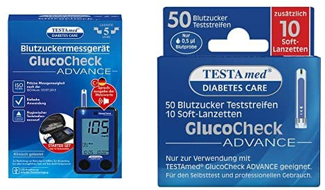 VORTEILSPACK: TESTAmed Glucocheck Advance Blutzuckermessgerät + 50 x TESTAmed GlucoCheck Advance Blutzuckerteststreifen + 10 Lanzetten