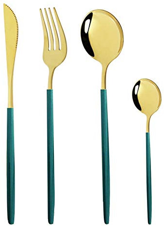 Geschirr Set 24 stücke Blaugold Gabel Löffel Messer Besteck Edelstahl Western Silberwaren Für küche Geschirr Set essgeschirr (Color : Green Gold)