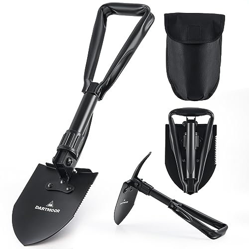 DARTMOOR Mini Folding Camping Shovel, 46cm Survival Shovel with Saw Edge for Digging Backpacking Gardening Hiking, Portable Entrenching Tool Foldable Steel Camp Spade with Storage Bag, Black