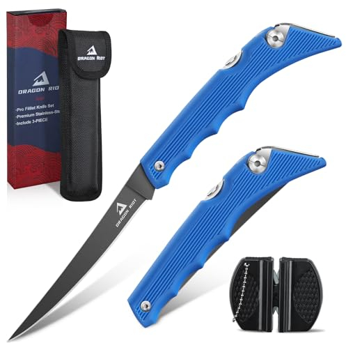 DRAGON RIOT Filetiermesser Fisch Klappbar, Angelmesser Sehr Scharf, Edelstahl Fischmesser mit Anti-Rutsch-Griff, Fischmesser Angeln, Outdoor-Messer für Fisch und Fleisch
