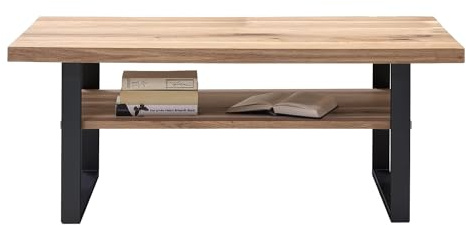 Home4You Couchtisch - 115 x 65 cm - Eiche massiv geölt - Metallgestell - Schwarz - mit Ablage