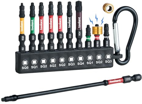 toolant Robertson Bits Set, Square Drill Bit Impact S2 Steel with Magnetic CNC Tips, 1/4 Hex-Shank, 1, 2and 6 Long with Storage Box, 11pcs Robertson Bits #2, 0, 1, 3, 4