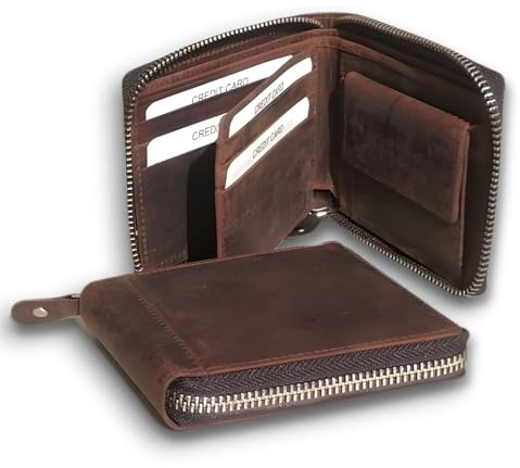 iulius Cartera Hombre de Cuero Top Grain auténtico, Cierre Cremallera, 8 Ranuras para Tarjetas, 2 Compartimentos para Billetes, Monedero, pestaña para identificación, Color café