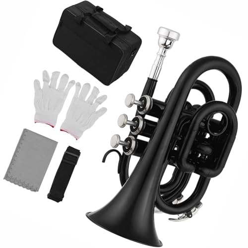 POHTYIT Mini-Taschentrompete Bb Flaches Messingmaterial Blasinstrument Handschuhe Tragetasche