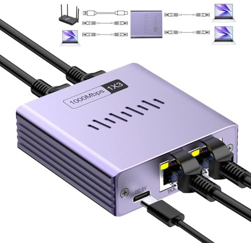 Splitter Ethernet da 1 a 3 1000 Mbps ad alta velocità Gigabit Ethernet splitter Internet switch di rete LAN con cavo di alimentazione USB-C per computer, hub, switch, router, TV digitale, ecc