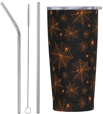 VOSERY Botella de agua de 20 onzas con tapa y popote, diseño de telaraña naranja de Halloween, vaso aislado creativo de acero inoxidable, taza de café de viaje, vaso personalizado