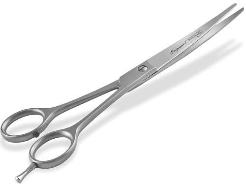 Fellschere aus Solingen Hunde Haarschere Pfotenschere mit Mikroverzahnung | Made in Germany Solinger Hundeschere mit gebogener Schnittfläche für die Fellpflege von Hunden Katzen Haustieren 16,4 cm