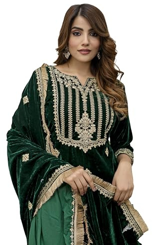 TRENDMALLS Dam sammet broderi Salwar kostym set Kurta byxa med Dupatta grön kurta set för kvinnor, gRÖN, XL