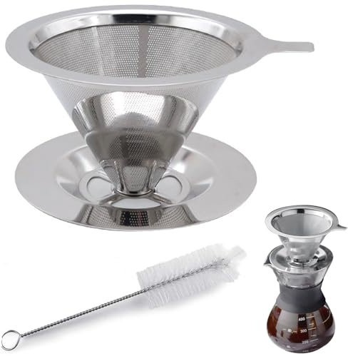 2 Piece Set Coffee Filter, Professional Stainless Steel Coffee Filter, Paperless and Reusable, Fine Mesh Coffee Filter with Holders and Cleaning Brush for Manual Coffee Maker 1-4 Cups