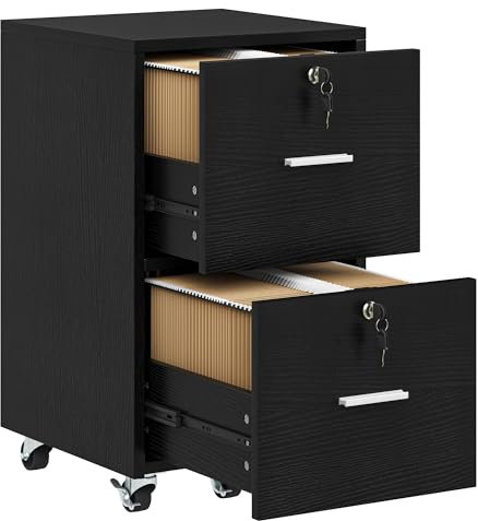 YITAHOME Mobiler Aktenschrank, Rollcontainer, Druckertisch, Abschließbar, 2 Schubladen Verstellbarer Hängeregistratur, Unterschrank, für Dokumente im A4- und Letter-Format, 40x40x68.5 cm (Schwarz)