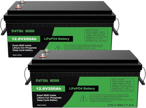 DATOUBOSS 12V 200Ah LiFePO4 Batterie, 2560Wh Lithium Akku mit Verbessertes 200A BMS, Max 15000 Tiefe Zyklen, Unterstützung in Serie/Parallelschaltung, für Wohnmobil, Solarpanel, Marine (2 Stück)