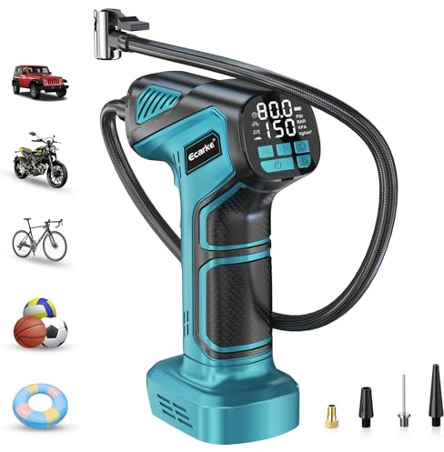 Ecarke Akku-Kompressor kompatibel mit Ma kita 18V: Tragbare Luftpumpe mit digitalem Display, Verlängerungsschlauch, Düsenaufsätze, 10 bar Maxdruck, ideal für Auto, Fahrrad, Motorrad, Bälle – Ohne Akku