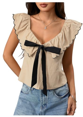 MakeMeChic Women's Bow Tie Front Sweetheart Blouse Ruffle Cap Sleeve Dressy Crop Tops Apricot Medium