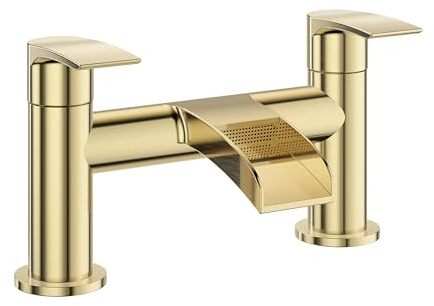 VeeBath Stream Round Waterfall Bath Filler Mixer – Brushed Brass Finish, Deck Mounted Bathroom Tap, Modern Bath Tap Mixer with G3/4 BSP Inlet, Contemporary Design