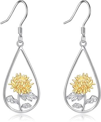 WSX Chrysanthemum Dangle Drop Teardrop Earrings 925 Sterling Silver November Birth Month Flower Jewelry Birthday for Women Mom Wife