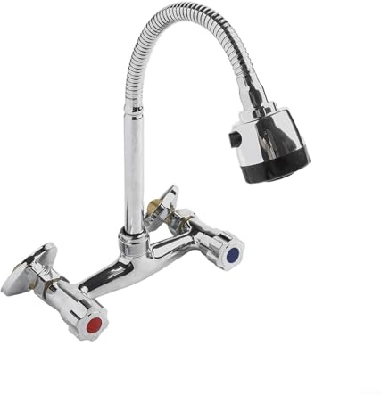 Grifo de cocina de doble manija montado en la pared Mezclador de fregadero de dos manijas con boquilla giratoria de 360° Aleación de zinc Acabado cromado Distancia central ajustable 150 mm para lavabo