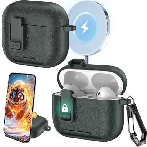 Ysnzaq fodral för AirPods Pro 3. Generation med låsklämma och stativfunktion, lädertextur, stötsäkert skyddsfodral med karbinhake för AirPods Pro 3 2025-PWZ Army Green