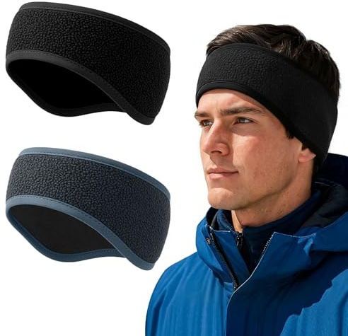 2 Stück Stirnband Damen Herren, Sport Stirnbänder, Ohrenwärmer Fleece Stirnband für Joggen, Laufen, Wandern, Fahrrad und Motorrad, Herbst/Winter Ohrenschützer, Winddicht Haarband, Schwarz/Dunkelgrau