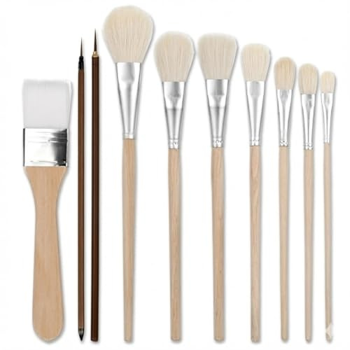 10pcs Pottery Glazing Brush Set – Goat Hair Mop & Blending Artist Brushes for Ceramics, Acrylic & Watercolour Painting, Soft Bristle Paint Brush Set for Glazing, Detailing and Finishing