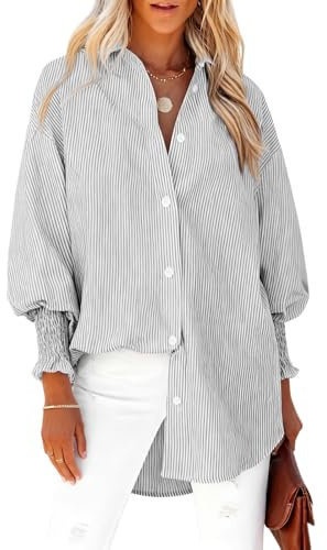 ADUDVLO Striped Shirt Women Striped Button Down Shirts Long Sleeve Blouse Smocked Cuffed Oversized Womens Blouses Work Shirts for Women UK (UK, Alpha, M, Regular, Regular, Grey)