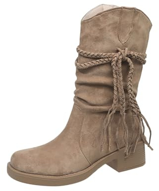 Generiska cowboystövlar dam medium hög, västerländska stövlar dam med klack breda stövlar retro riddarstövlar slouchy långa stövlar casual slip-kängor enfärgade damstövlar läderstövlar, kaki, 38 EU