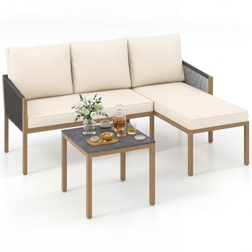 COSTWAY Lounge Möbel Outdoor, Gartenlounge mit Tisch und Kissen, Gartenmöbel Set, Balkonmöbel, Terrassenmöbel, 3-teilige Sitzgruppe, Sitzgarnitur für Garten, Balkon, Terrasse