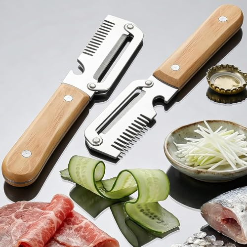 5 en 1 Éplucheur de légumes multifonction pour la cuisine avec lame en acier inoxydable ultra-aiguisée et manche en bois ergonomique, Décapsuleur, Écailleur à Poisson et Coupe-Oignon (2pcs)