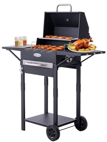 HOMAVO Kolgrill med lock, 2-i-1 stående och bordsgrill, kompakt för balkong och trädgård, integrerad termometer, varmhållningsgrill, lätt att flytta