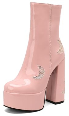 TNMIUH Botas con Plataforma para Mujer, Botines con Tacón Alto 14cm, Botas Media Caña con Diseño de Luna Brillante de Charol, Zapatos de Fiesta Blanco, Negro, Rosa,Rosado,37 EU