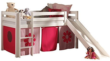 VIPACK PICOHSGB1472 Spielbett Pino mit Rutsche und Textilset Zirkus, Maße 210 x 114 x 218 cm, Liegefläche 90 x 200 cm, Kiefer massiv weiß lackiert
