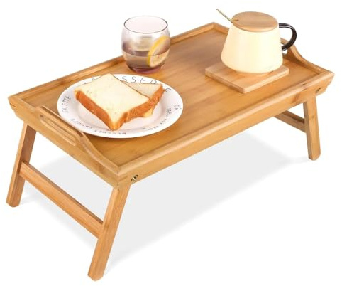 Wooden Breakfast Tray, 50 x 30 x 23 cm Serving Laptray With Folding Legs And Handles Camping Server Compact Space Saving Natural Lightweight Acacia Bed Tray Camper Van Serve in Bed