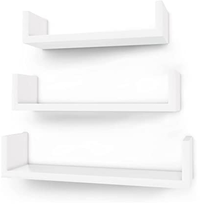 SONGMICS, Set di 3 mensole da parete moderne, mensole sospese in pannello di fibra a media densità con finitura lucida e montaggio invisibile, colore bianco LWS40WT