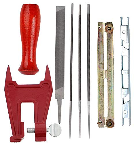 OxoxO Aiguiseur de chaîne Kit d'aiguiseur de tronçonneuse Tronçonneuses avec Limes de 0,8cm, 0,9cm,1,2 cm, Une poignée en Bois,jauge de Profondeur,Guide de classement,Pochette à Outils,étau Robuste