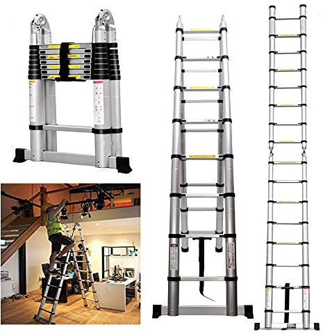 Multi-Purpose 3.8M Aluminium Portable Telescopic Ladder DIY Extendable A-Frame Ladder Extension 12 Steps DIY Attic Ladder Easy for One Person to Operate