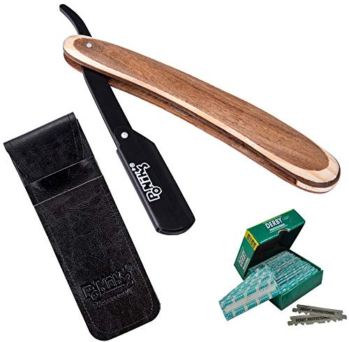 PONIK'S PROFESSIONAL - Klassisches Rasier Set Herren, Transporttasche, Rasiermesser-Set mit 100 Derby Wechselklingen, hochwertiges Edelstahl, Barbier Messer für eine präzise Bart-Rasur, Braun