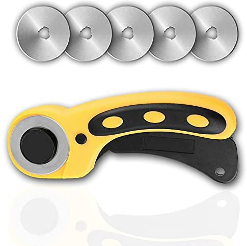 Rollschneider Ø 45mm + 10x Ersatzklingen Rollmesser Set Cutter Stoffschneider Rundmesser Stoff Sicherheitsverschluss präzises Schneiden Nähen Stoffe Leder Absteppen Pappe Papier SKS-7 Edelstahl