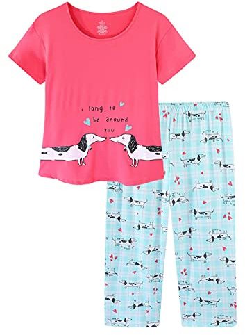 CHUNG Women Pyjamas Set Ladies Short Sleeve Tops Shirt Cropped Pants Capri Length Bright Color, Blue Dog M