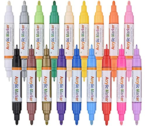 Acrylstifte Doppelspitze, 18 Farbige Doppelfasermaler Acrylstifte für Bemalen, Wasserfeste und Schnelltrocknend Acryl Permanent Marker für Papier Steine Fotoalbum Gästebuch Leinwand (3mm und 0.7mm)