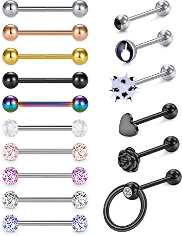 D.Bella Lot de 16 Piercings de Langue en Acier Inoxydable 14 g Couleurs Aléatoires 16mm Langue Anneaux Bar Piercing Bijoux pour Femmes Hommes