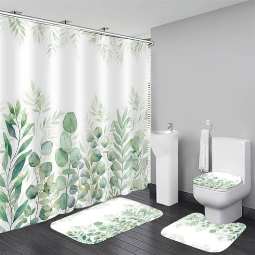 DDQQ 4Pcs Green Bathroom Set Leaves Shower Curtain Set Spring Eucalyptus Leaf Shower Curtain for Bathroom with 12 Hooks, Bathroom Decor Accessories for Bathroom Toilet Lid Cover