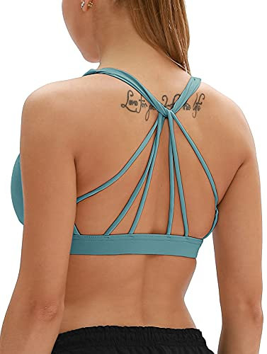 icyzone Damen Yoga Sport-BH mit Gepolstert - Atmungsaktiv Ohne Bügel Sports Bra, Stappy Fitness Gym BH (M, Marine Blue)