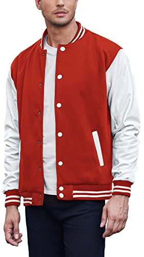 COOFANDY Mens Fashion Varsity Jackets Leather Sleeve Slim Fit College Baseball Letterman Bomber Coat Red Small