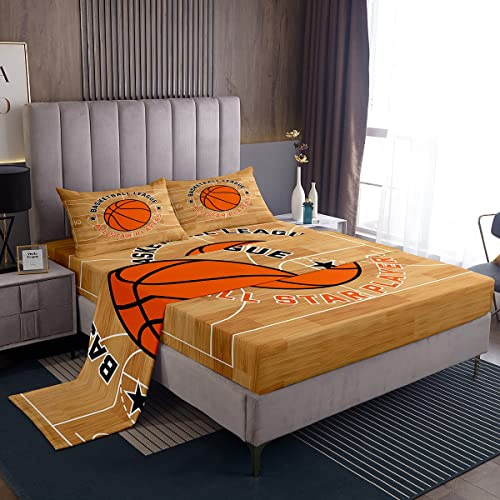 Juego de sábanas de Baloncesto para Deportes, Juego de sábanas de Arena de tamaño Individual para niños y niñas, Adolescentes, sábanas de Pelota de Baloncesto con Bolsillo Profundo, Juego de Cama par