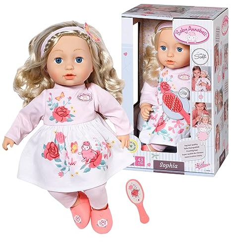 Baby Annabell Zapf Creation 709948 Sophia 43 cm – mjuk tygdocka med långt blont hår, rosa dockkläder bestående av klänning, leggings, skor, hårband och borste.