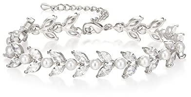 EVER FAITH Cubic Zirkonia Tennis Armbänder für Braut simulierte Perle Marquise Blatt Armkette für Damen Prom